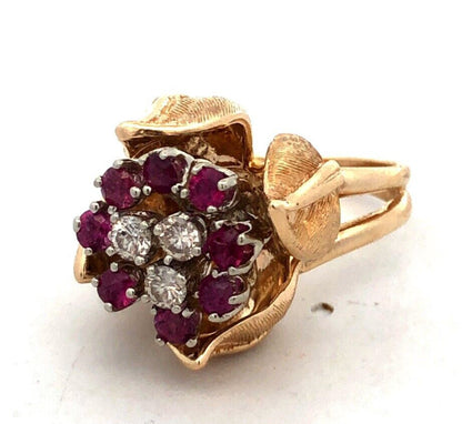Designer EAG 14K Yellow Gold Round Ruby Diamond Flower Bud Statement Ring