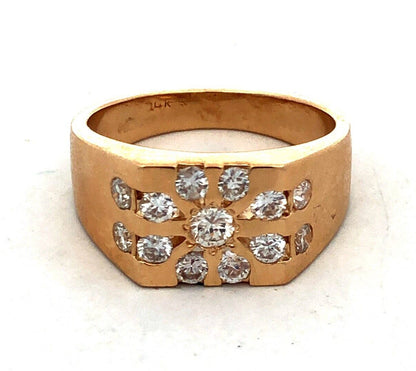 Estate Unisex 14K Yellow Gold Round Diamond Cluster Flower Square Statement Ring