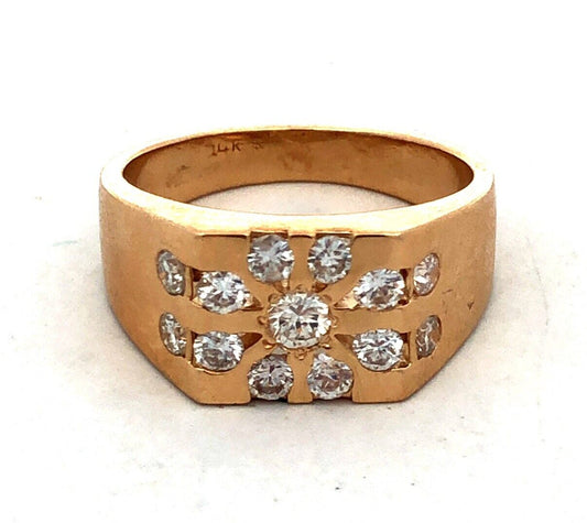 Estate Unisex 14K Yellow Gold Round Diamond Cluster Flower Square Statement Ring