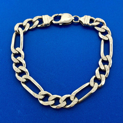 Retro 925 Sterling Silver Polished Florentine Textured Figaro Link Bracelet