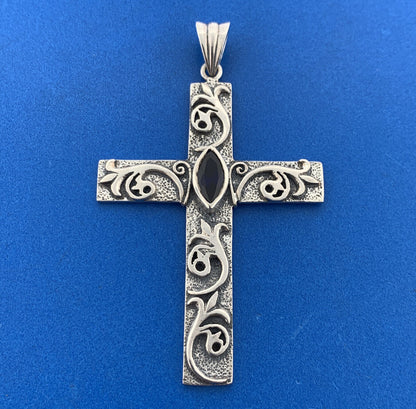 Designer PSCL 925 Sterling Silver Marquise Blue Spinel Statement Cross Pendant