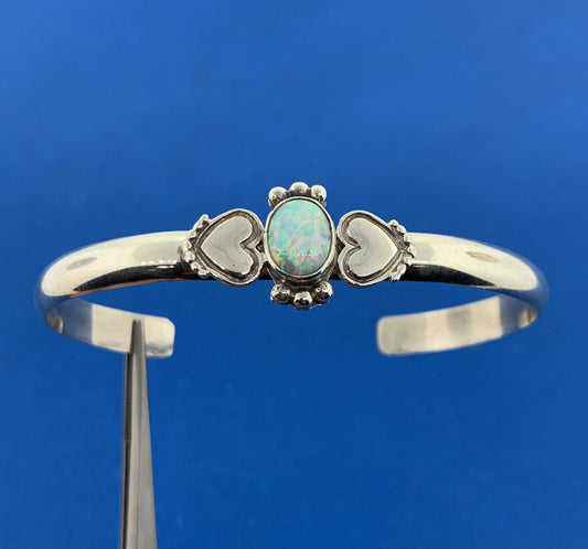 Native American CS Sterling Silver 925 Oval Synthetic Opal Heart Cuff Bracelet