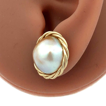 Estate 14K Yellow Gold Round Mabe Pearl Bird's Nest Statement Stud Earrings
