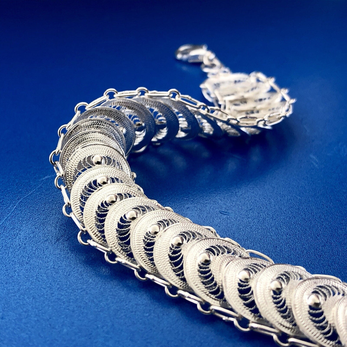 Milor Italy Sterling Silver 925 Filigree Bead Centipede Link Flex Bracelet