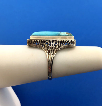 Art Deco Designer G & Co 14K White Gold Turquoise Filigree Statement Dinner Ring