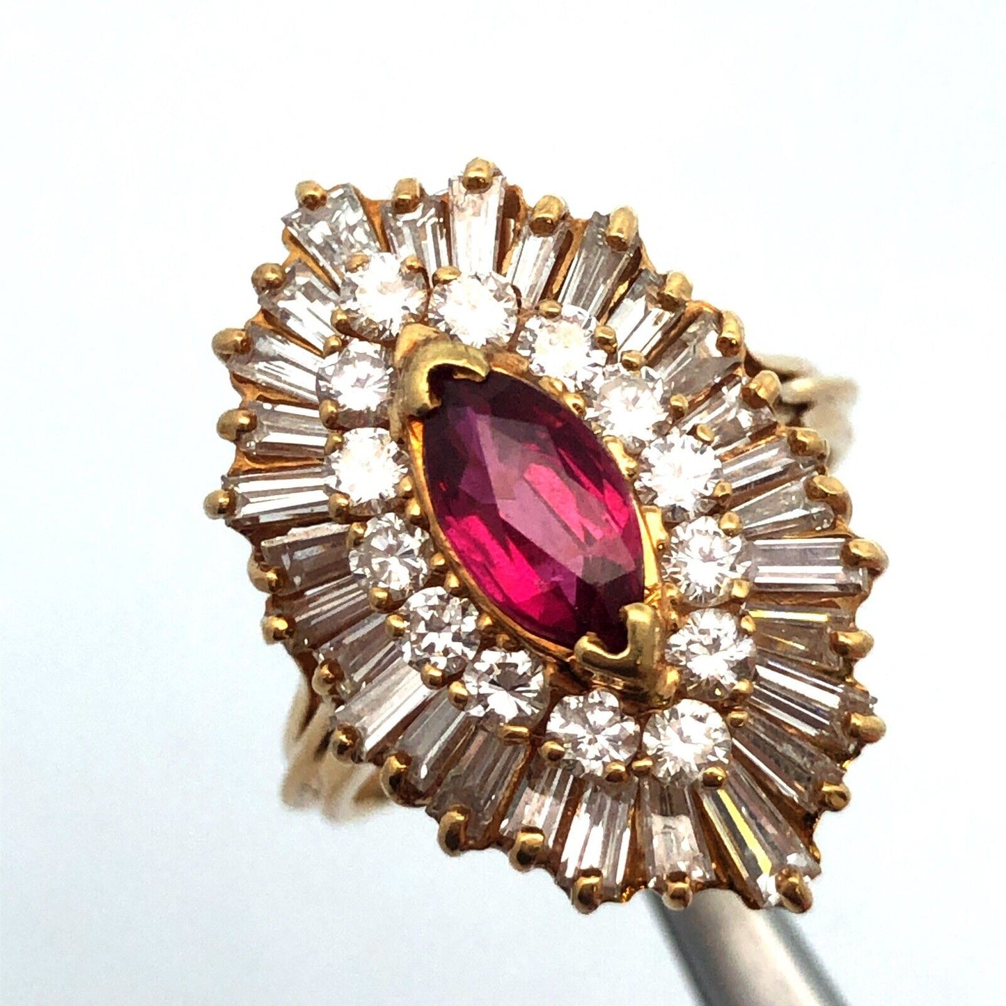 Designer 18K Yellow Gold Marquise Ruby Diamond Double Halo Statement Sz 6.5 Ring