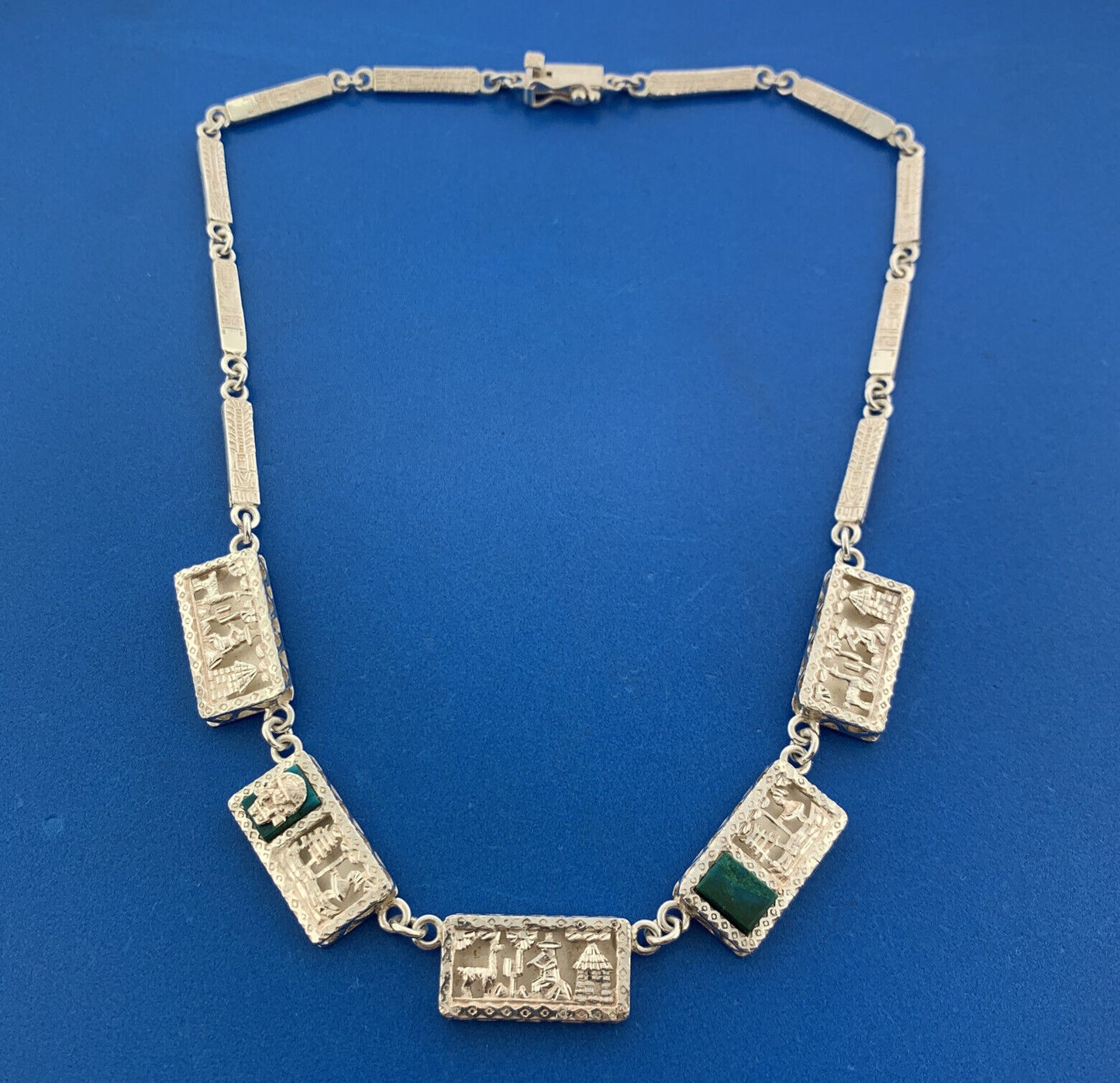 Vintage 925 Sterling Silver Malachite Aztec Incan Village Scene Panel Necklace