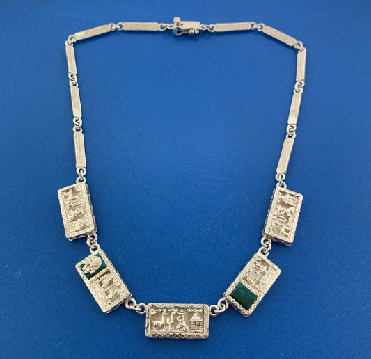 Vintage 925 Sterling Silver Malachite Aztec Incan Village Scene Panel Necklace
