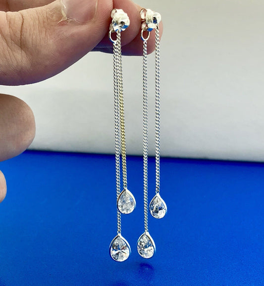 Designer CIJ Sterling Silver 925 Cubic Zirconia CZ Double Drop Dangle Earrings