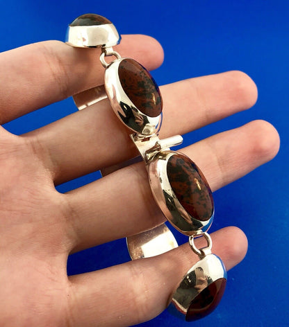 Taxco Mexico 925 Sterling Silver Oval Mahogany Obsidian Cabochon Panel Bracelet