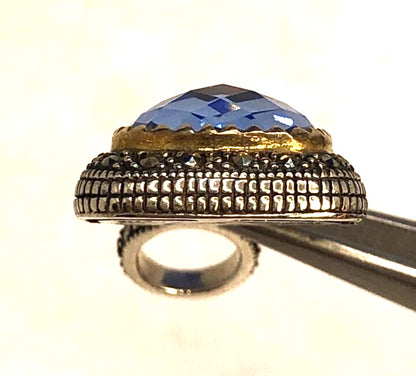 Designer 925 Sterling Silver Cushion Tanzanite Marcasite Two-Tone Square Pendant