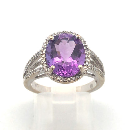 Designer 14K White Gold Oval Amethyst Diamond Halo Wedding Engagement Ring