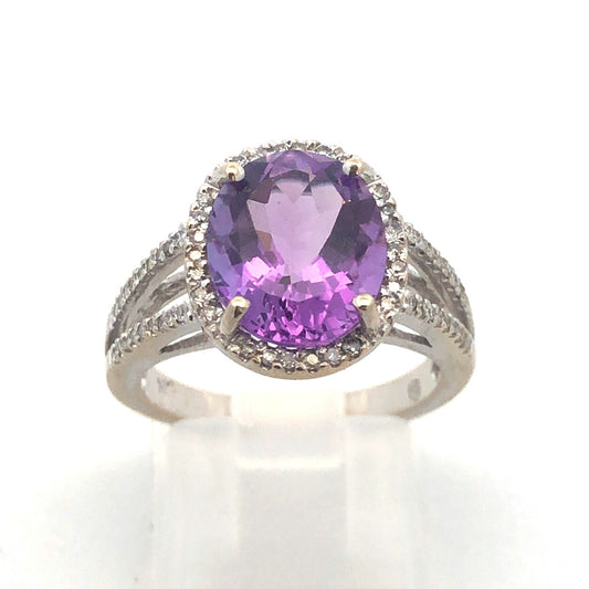 Designer 14K White Gold Oval Amethyst Diamond Halo Wedding Engagement Ring