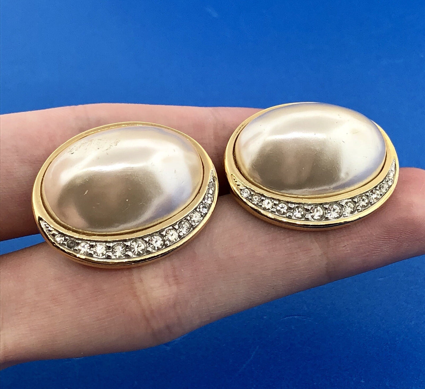 Vintage Richelieu Gold Tone Mabe Pearl Rhinestone Statement Stud Earrings