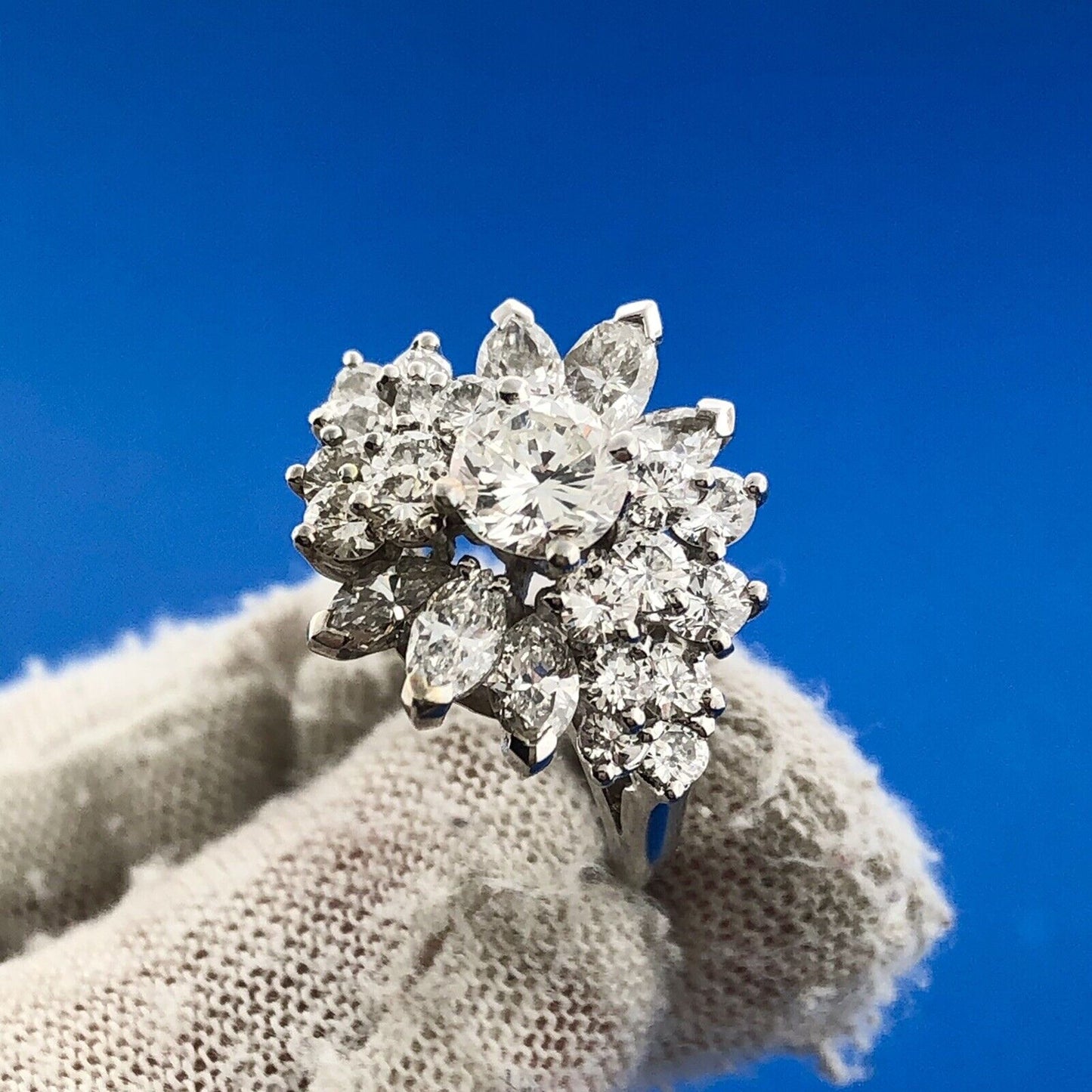 Phenomenal Platinum Multi-Cut Diamond Blooming Floral Cluster Ring Size 4.25