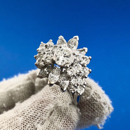 Phenomenal Platinum Multi-Cut Diamond Blooming Floral Cluster Ring Size 4.25