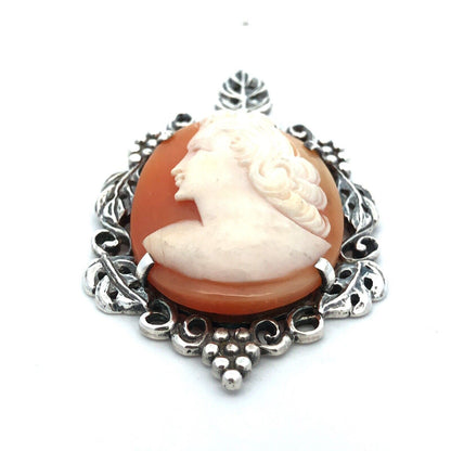 Estate Kabana 925 Sterling Silver Oval Cameo Vines And Grapes Statement Pendant