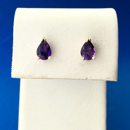 Designer CII 14K Yellow Gold Amethyst Pear February Occasion Stud Earrings