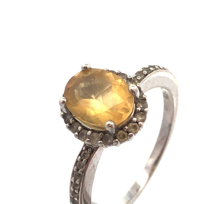 Designer DK 925 Sterling Silver Oval Citrine Diamond Accented Cocktail Ring