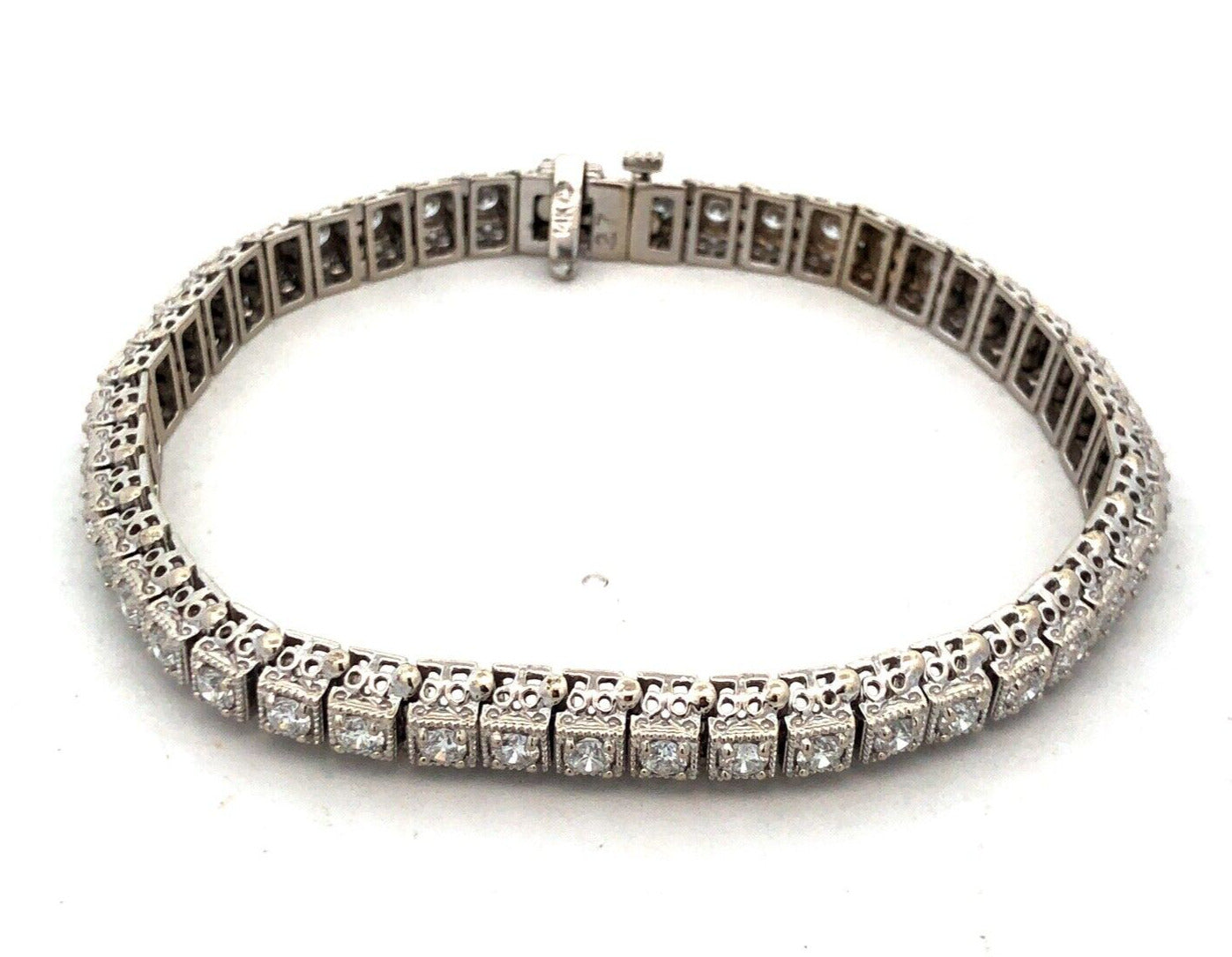 Designer 14K White Gold Round Diamond Open Work Statement Tennis Bracelet