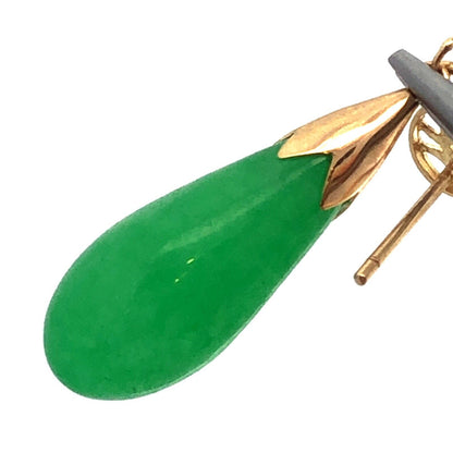 Vintage 14K Yellow Gold Teardrop Bright Green Jade Chinese Luck Dangle Earrings