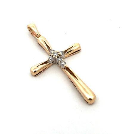 Designer 10KT Yellow Gold Round Diamond Modernist Cross Religious Pendant