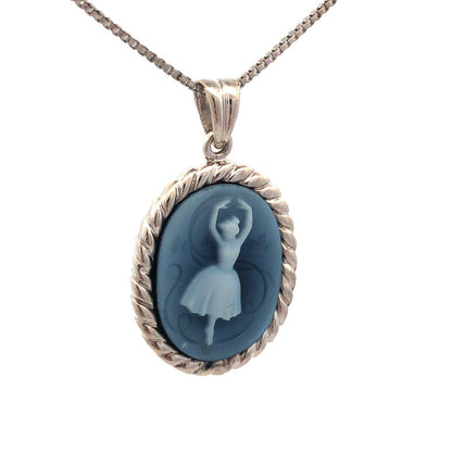 Designer 925 Sterling Silver Oval Blue Cameo Ballerina Dancer Pendant Necklace