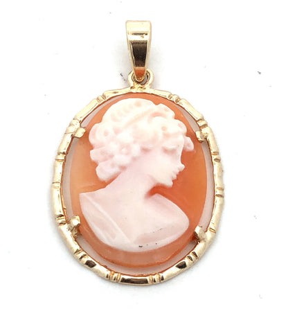 Designer LT 14K Yellow Gold Oval Orange Carved Cameo Pendant