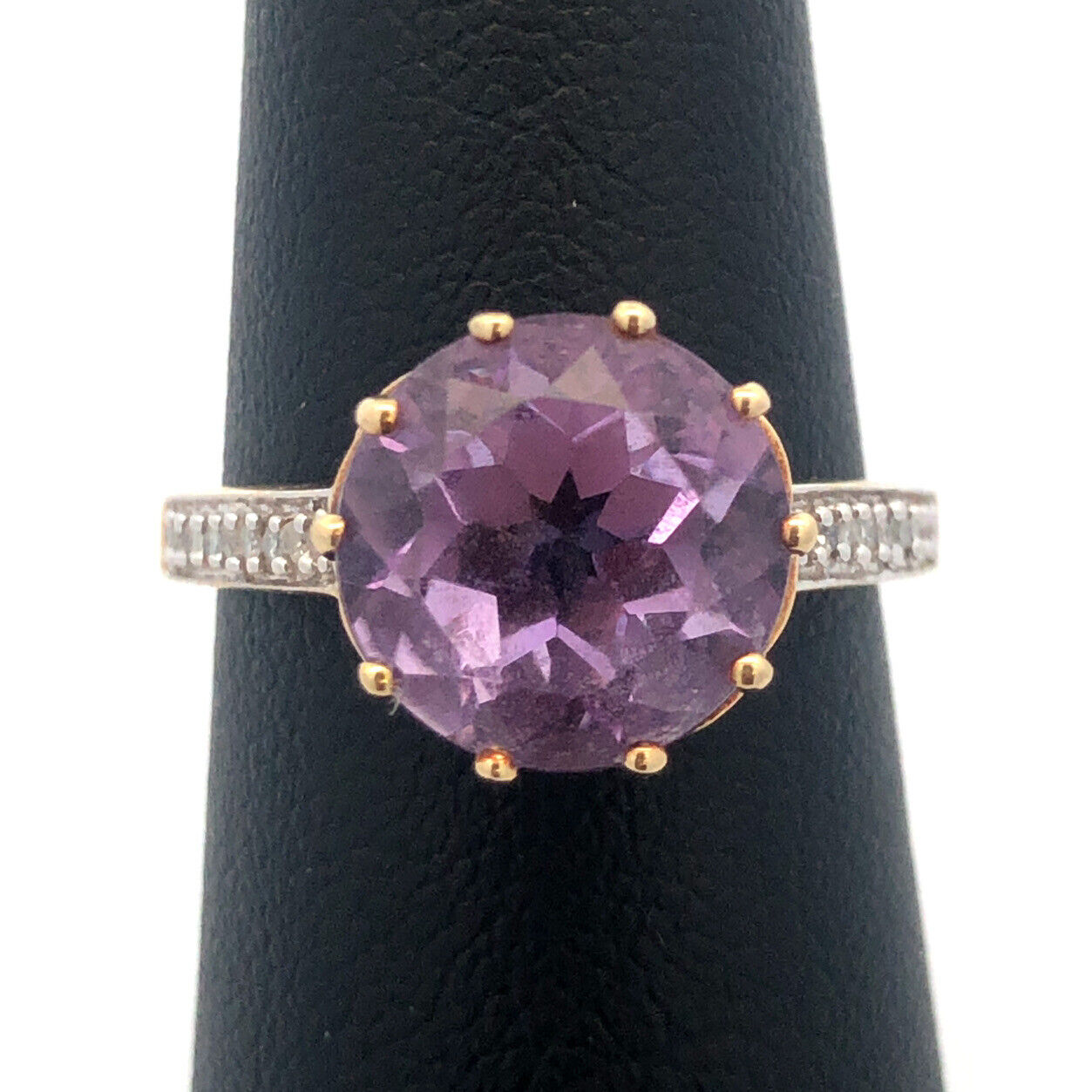 10K Yellow Gold Amethyst Cocktail Solitaire Diamond Accented Statement Ring