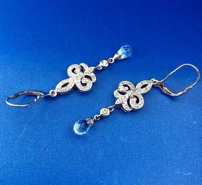 Designer EA Sterling Silver 925 Diamond Blue Topaz Fleur De Lis Drop Earrings