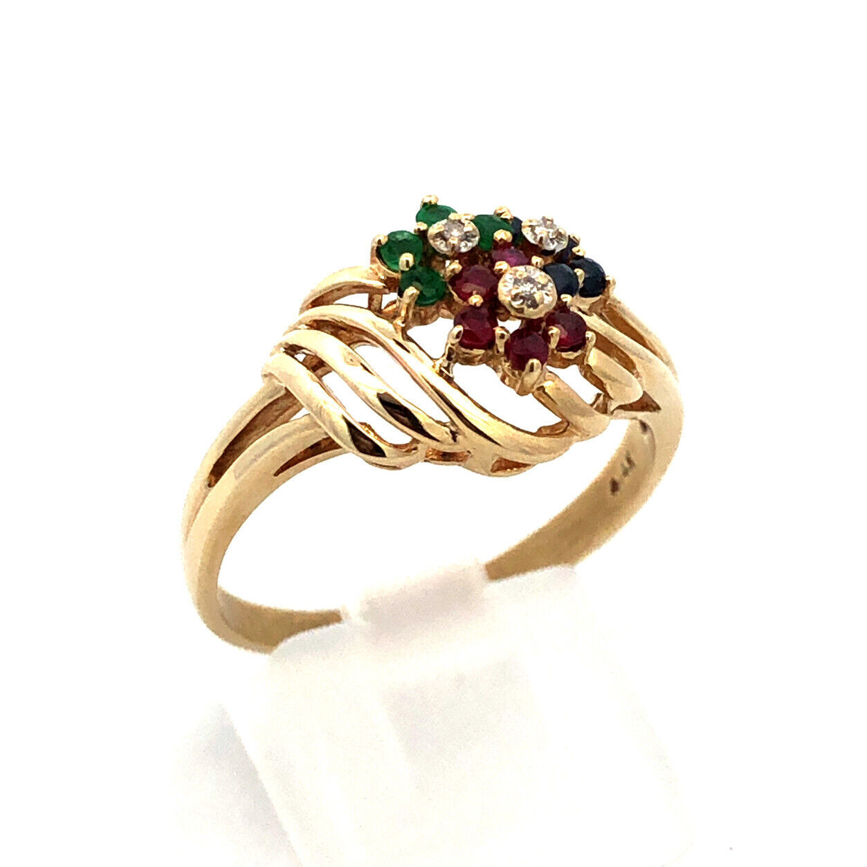 Designer 14K Yellow Gold Sapphire Ruby Emerald Diamond Flower Modernist Ring