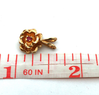 Vintage 14K Yellow Gold Ruby Rose Flower Petite Charm Pendant