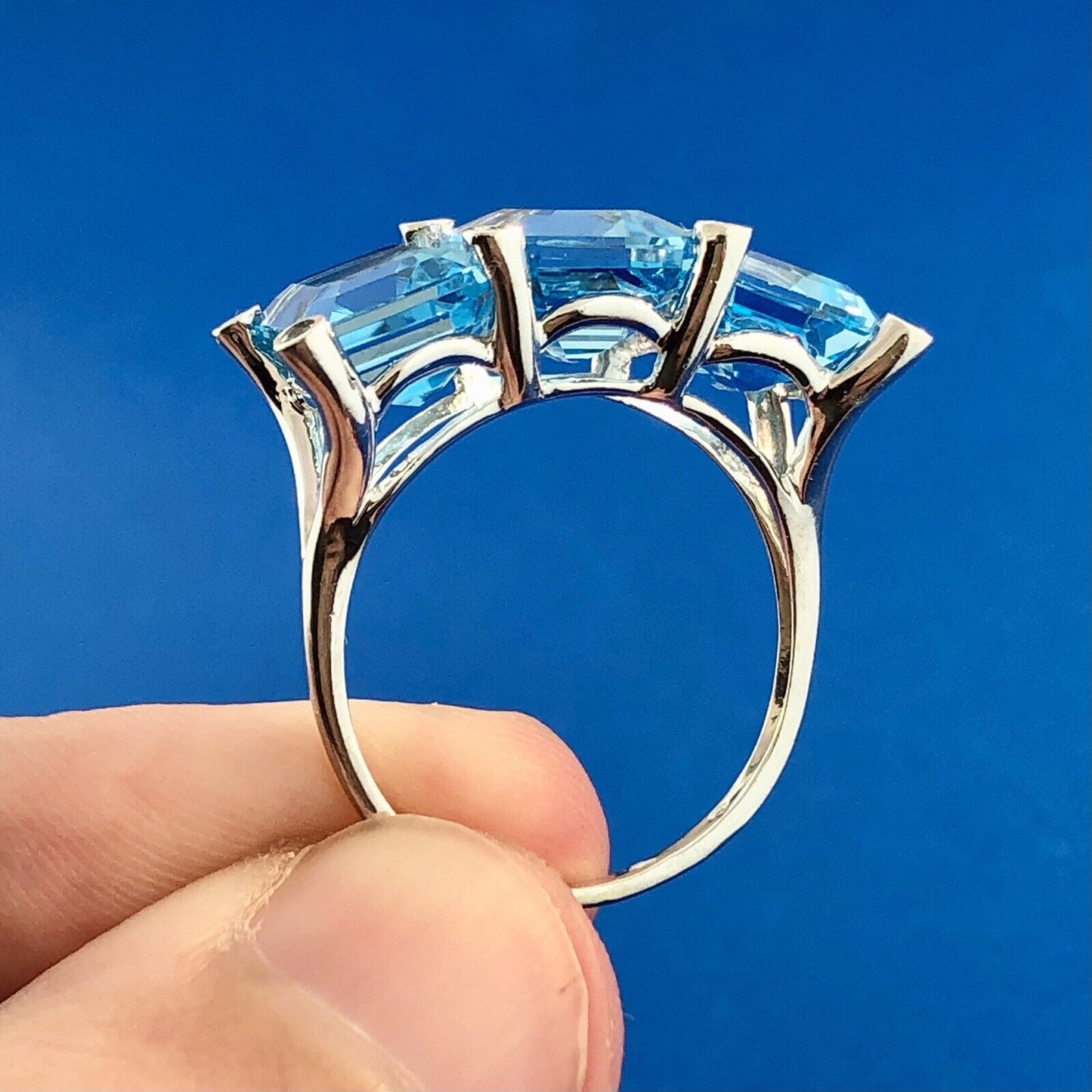 14K White Gold Emerald Cut Swiss Blue Topaz Blue Diamond Accent Size 8 Ring