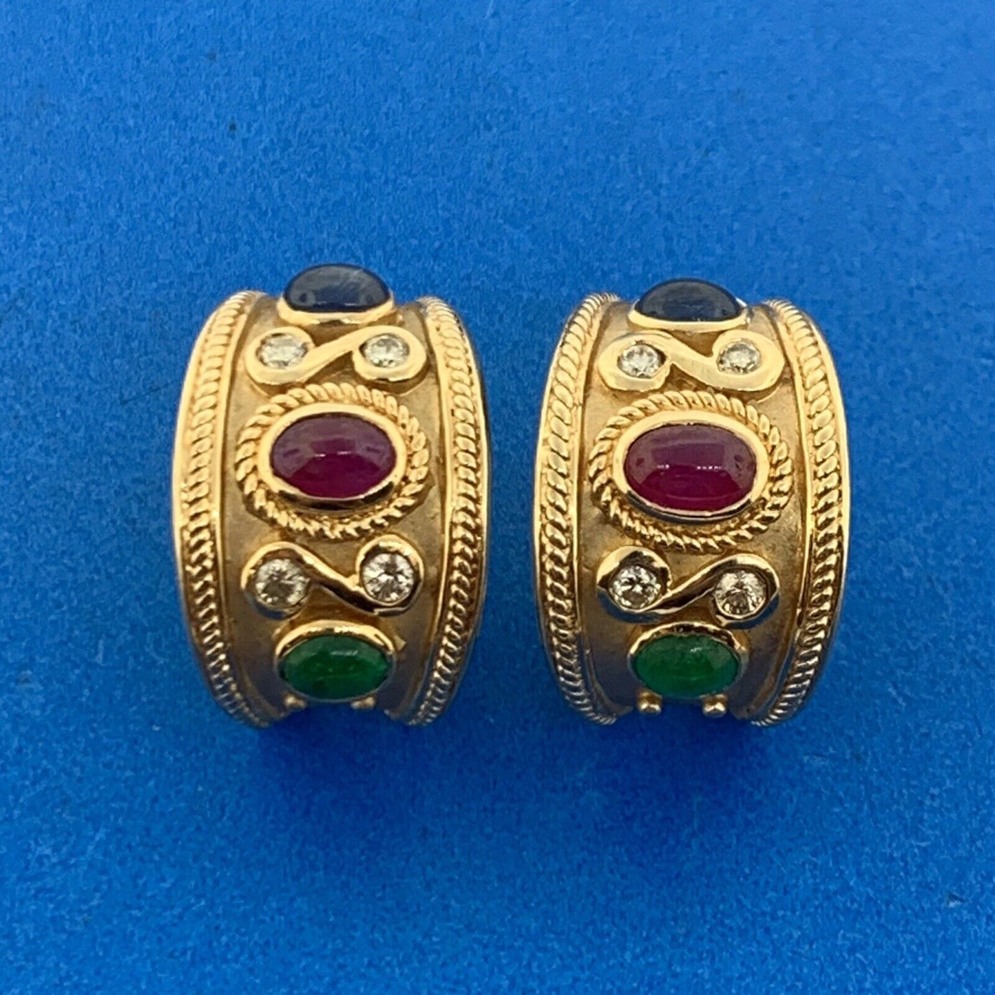 14K Yellow Gold Ruby Sapphire Emerald Diamond Statement Omega Back Earrings