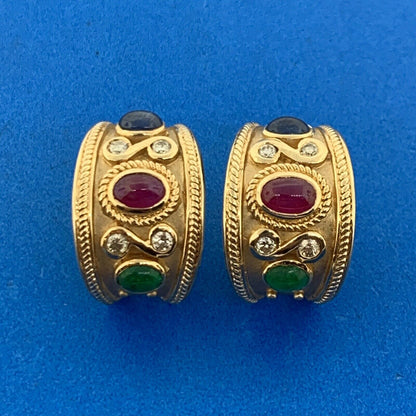 14K Yellow Gold Ruby Sapphire Emerald Diamond Statement Omega Back Earrings