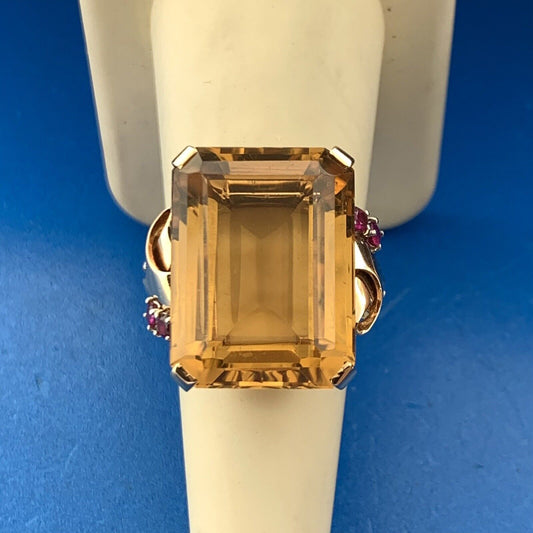 Vintage 14K Yellow Gold Emerald Cut Citrine Ruby Diamond Accent Statement Ring