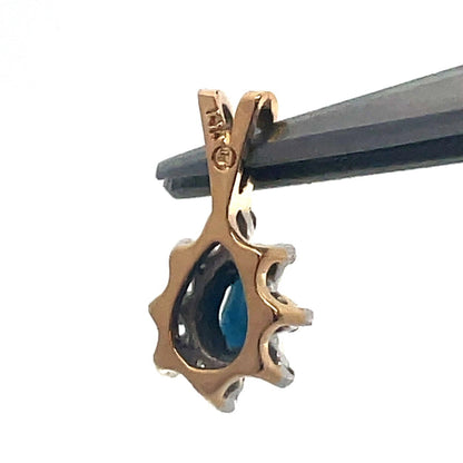 Vintage 14K Yellow Gold Pear Cut Blue Sapphire Diamond Halo Teardrop Pendant
