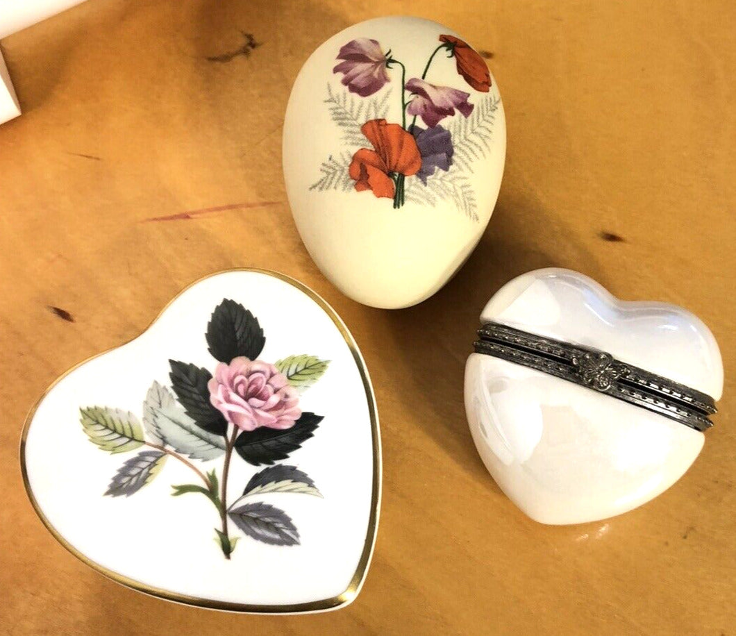 Vintage 3 Pc Lot Of 2 Heart Trinket Boxes & 1 Painted Porcelain Egg Paperweight