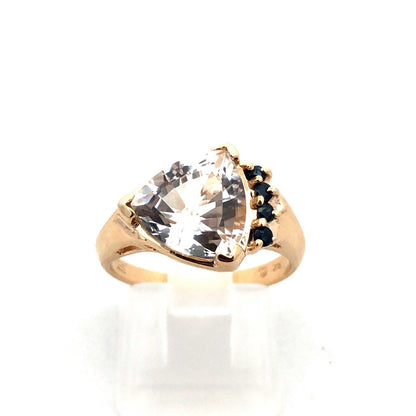 14K Yellow Gold Designer Trillion Cut White Topaz Blue Sapphire Accent Ring