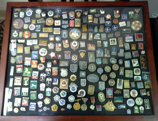 Rare Collection of 210 Pins - USSR Soviet Russia Russian - Display Case Included
