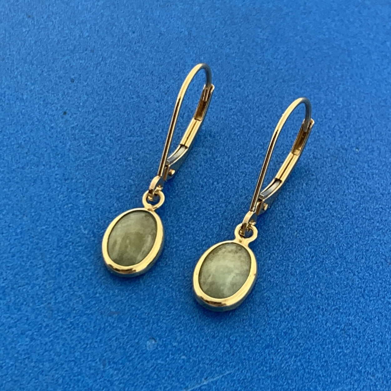 Designer Mexico 14K Yellow Gold Oval Jade Cabochon Drop Dangle Earrings