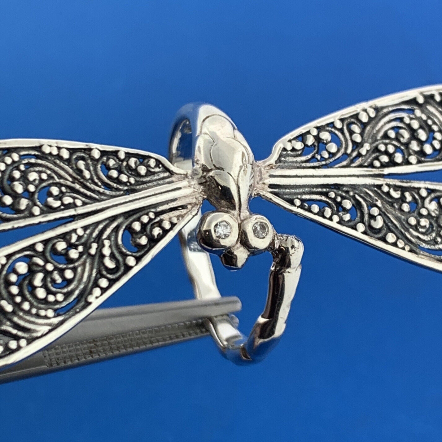 925 Sterling Silver Diamond Balinese Scroll Dragonfly Statement Ring