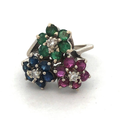 KOL 14K White Gold Round Ruby Sapphire Emerald Topaz Floral Cluster Pinky Ring