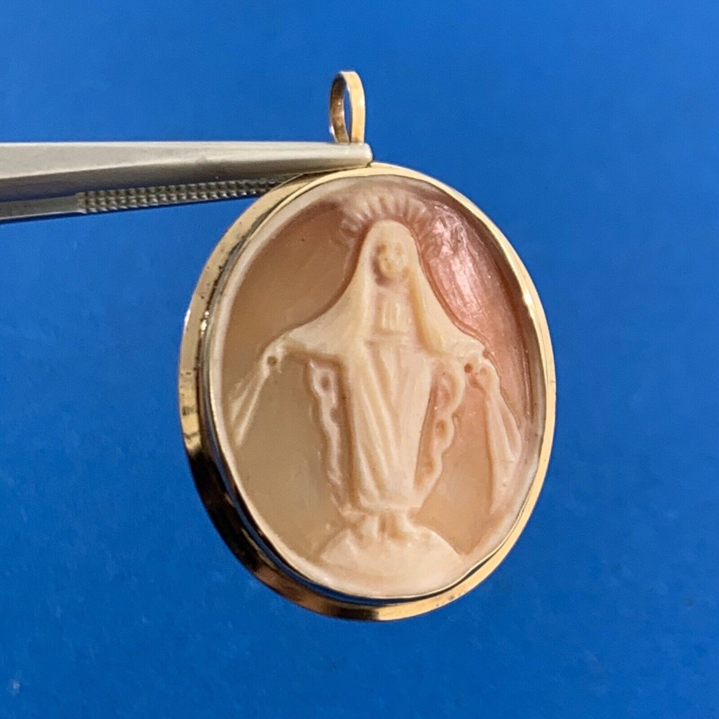Designer VD 14K Oval Miraculous Medal Mary Catholic Cameo Brooch Pendant