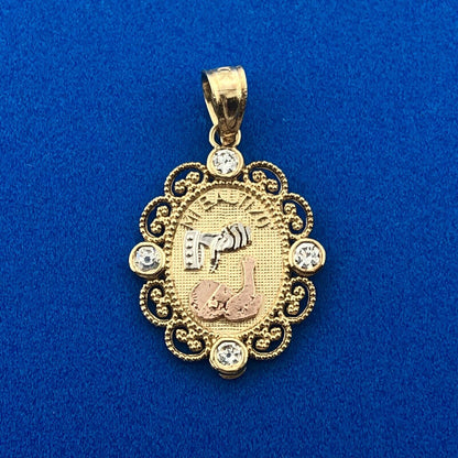10K Tri Gold White Topaz Mi Bautizo God Bless Baptism Oval Filigree Pendant
