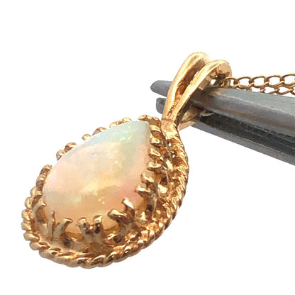 Designer 14K Yellow Gold Pear White Opal Pendant Chain Necklace
