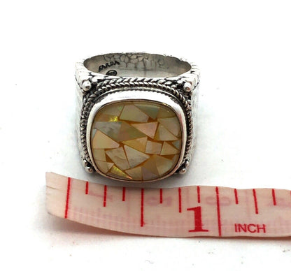 SARDA 925 Sterling Silver Mother of Pearl Mosaic Square Peaceful Heart Ring