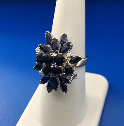 Estate 1982 14K Yellow Gold Sapphire Diamond Waterfall Cluster Statement Ring