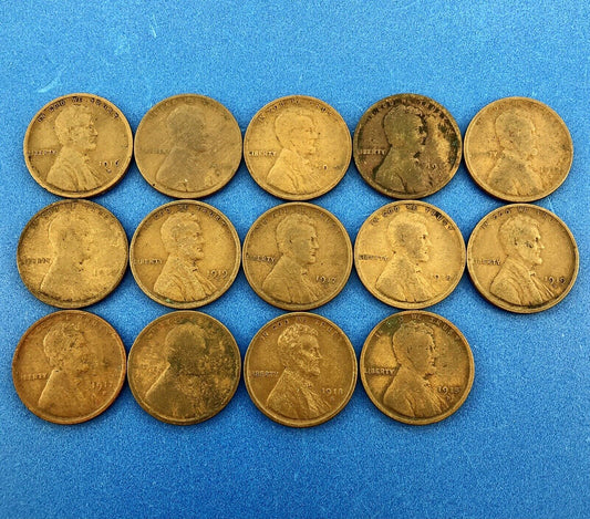 1915 P Mixed Date Mixed Mint Early Lincoln Small One Cent Penny 14 Coin Lot
