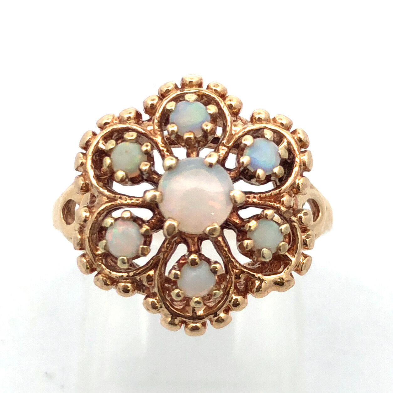 Designer ROMANY 10K Yellow Gold Opal Cabochon Flower Bead Detail Cocktail Ring